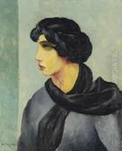 Portrait A L'echarpe Noire Oil Painting by Moise Kisling