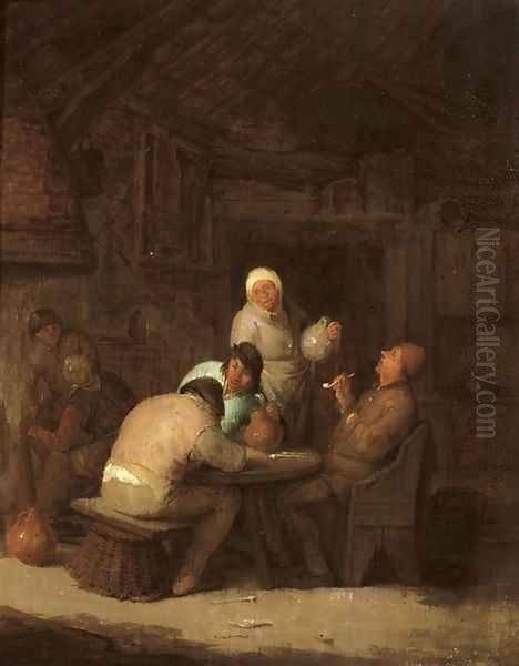 Peasants seated around a table smoking and drinking Oil Painting by Adriaen Jansz. Van Ostade