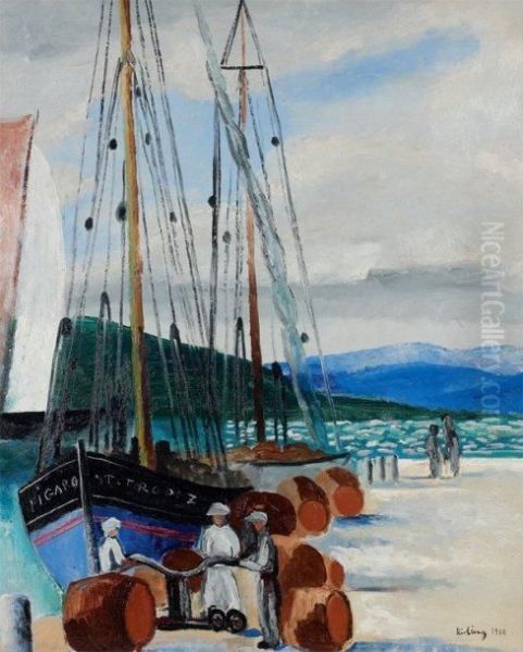 Bateaux A Quai A Saint Tropez Oil Painting by Moise Kisling