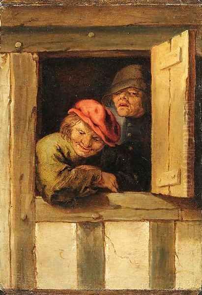 Two peasants at a window Oil Painting by Adriaen Jansz. Van Ostade