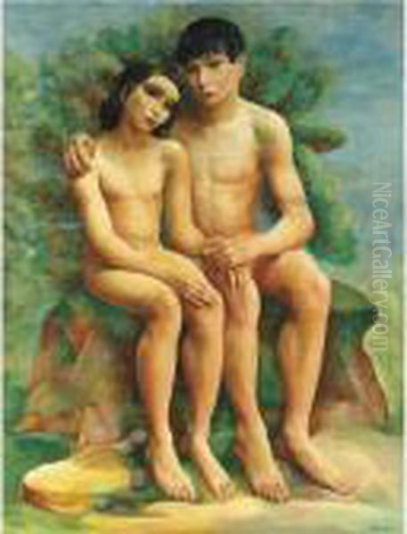 Couple Assis Oil Painting by Moise Kisling