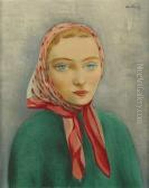 Jeune Femme Blonde Au Fichu Rose Oil Painting by Moise Kisling