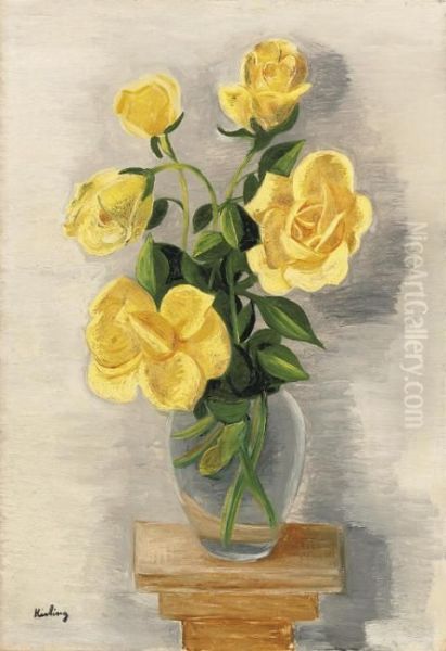 Vase De Roses Jaunes Oil Painting by Moise Kisling