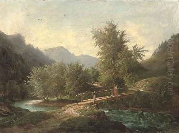 A mountainous wooded river landscape with a figure crossing a bridge Oil Painting by John O'Connor