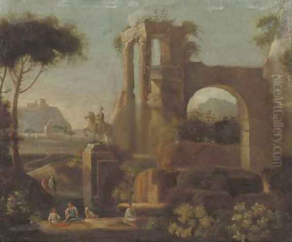 An Italianised landscape with bathers by a Classical ruin Oil Painting by Jan Frans Van Bloemen (Orizzonte)