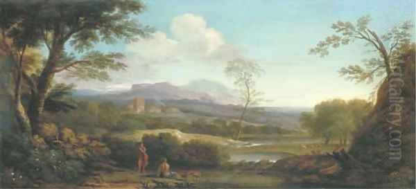 An extensive Italianate landscape with shepherds by a river and a village beyond Oil Painting by Jan Frans Van Bloemen (Orizzonte)