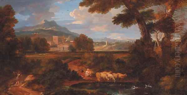 A classical landscape with shepherds watering sheep at a pool Oil Painting by Jan Frans Van Bloemen (Orizzonte)