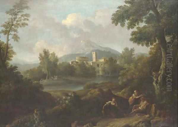 An Italianate landscape with classical buildings and figures by a lake Oil Painting by Jan Frans Van Bloemen (Orizzonte)