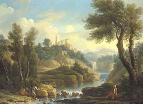 A mountainous river landscape with fishermen and other figures, a hilltop town beyond Oil Painting by Jan Frans Van Bloemen (Orizzonte)