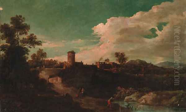 An Italianate landscape with an angler by a pool, with peasants on a track, a village beyond Oil Painting by Jan Frans Van Bloemen (Orizzonte)