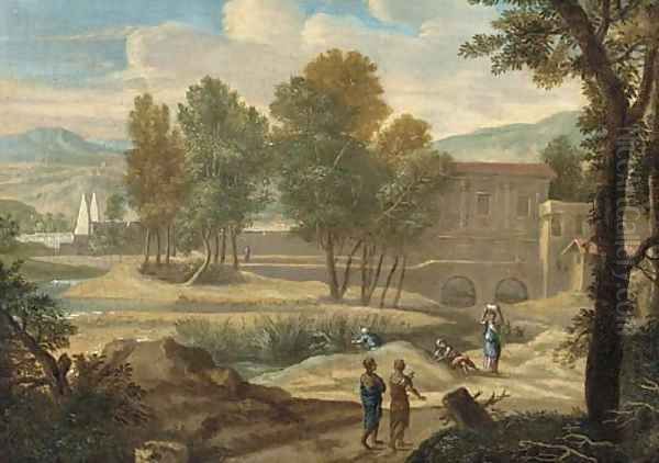 A classical landscape with figures on a path, a villa beyond Oil Painting by Jan Frans Van Bloemen (Orizzonte)