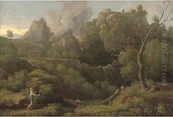 A wooded landscape with figures in the foreground, a volcano erupting beyond Oil Painting by Jan Frans Van Bloemen (Orizzonte)