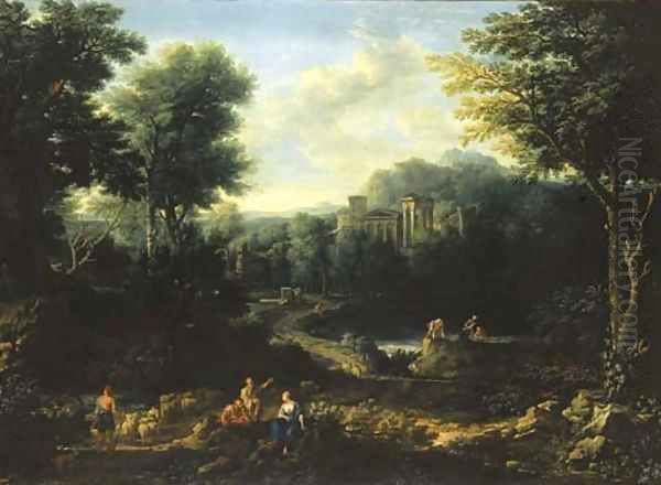 An arcadian landscape with herdsmen on a path and peasants fishing on a pond Oil Painting by Jan Frans Van Bloemen (Orizzonte)