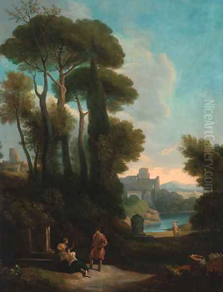 An Italianate landscape with figures resting by a fountain Oil Painting by Jan Frans Van Bloemen (Orizzonte)