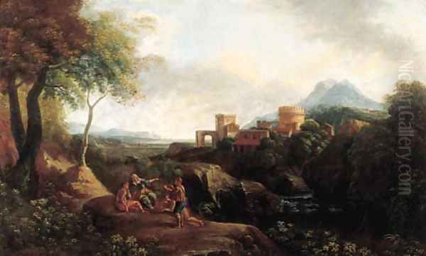 Shepherds on a cliff overlooking a river, a town on a hilltop beyond, in an Italianate landscape Oil Painting by Jan Frans Van Bloemen (Orizzonte)