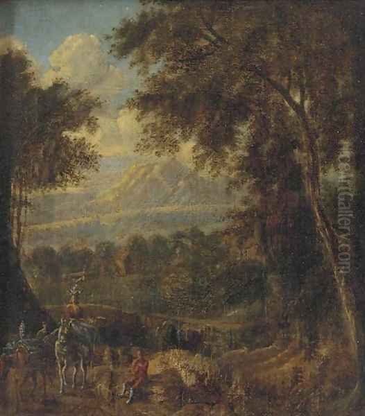 A mountain landscape with travellers on a wooded track Oil Painting by Jan Frans Van Bloemen (Orizzonte)