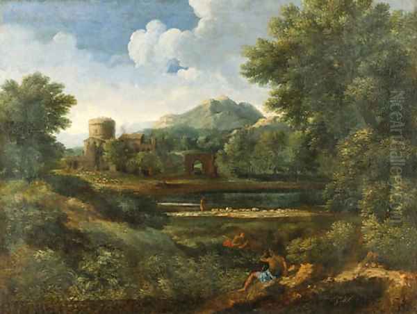 An extensive Italianate landscape with shepherds by a river Oil Painting by Jan Frans Van Bloemen (Orizzonte)