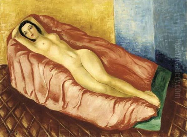 Nu Au Divan Rouge Oil Painting by Moise Kisling