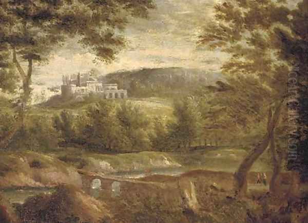 An Italianate landscape with figures by a lake, a town beyond Oil Painting by Jan Frans Van Bloemen (Orizzonte)