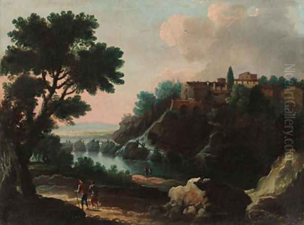 Travellers before a waterfall in a river landscape; and Peasants on a path in a river landscape with a town beyond Oil Painting by Jan Frans Van Bloemen (Orizzonte)