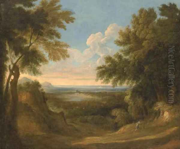 A wooded landscape with two figures in the foreground Oil Painting by Jan Frans Van Bloemen (Orizzonte)