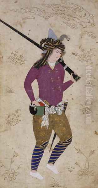 Youthful hunter with gun Oil Painting by Habibullah of Meschhed