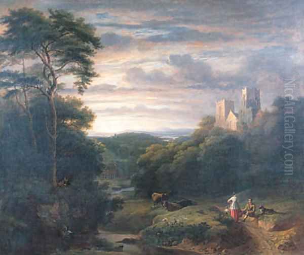 Figures resting in a wooded Valley with a derelict Church on a Hilltop Oil Painting by James Arthur O'Connor