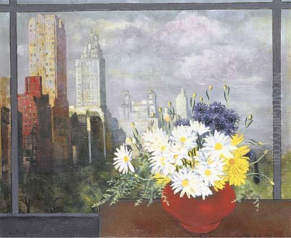 Bouquet De Fleurs Devant La Fenetre, New York Oil Painting by Moise Kisling