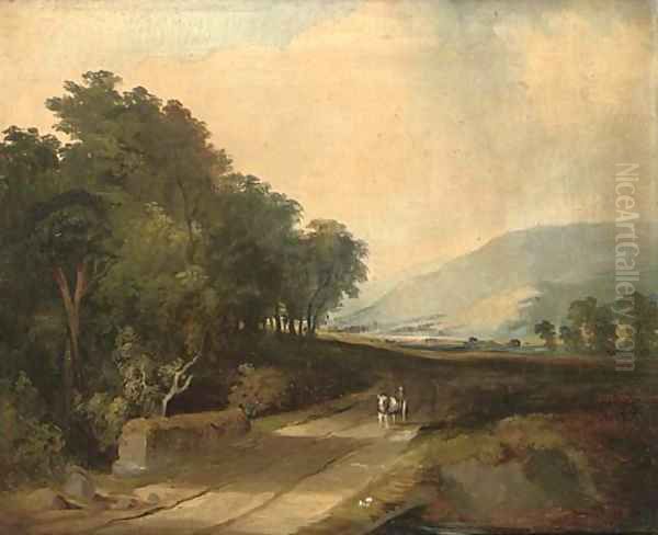 A horse and cart on a track in an extensive river valley Oil Painting by James Arthur O'Connor