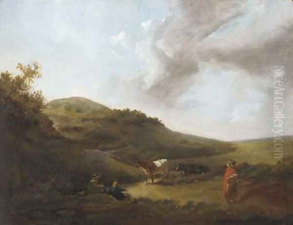 Figures and cattle on a hillside track Oil Painting by James Arthur O'Connor