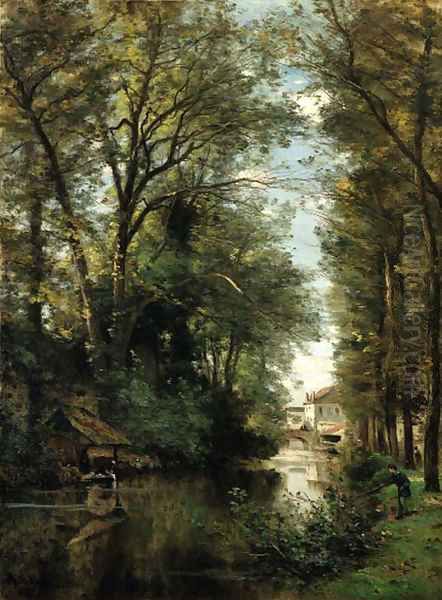 Figures along a wooded canal Oil Painting by Achille-Francois Oudinot