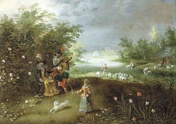 Elegant company making music in a garden, a landscape beyond Oil Painting by Isaac Van Oosten