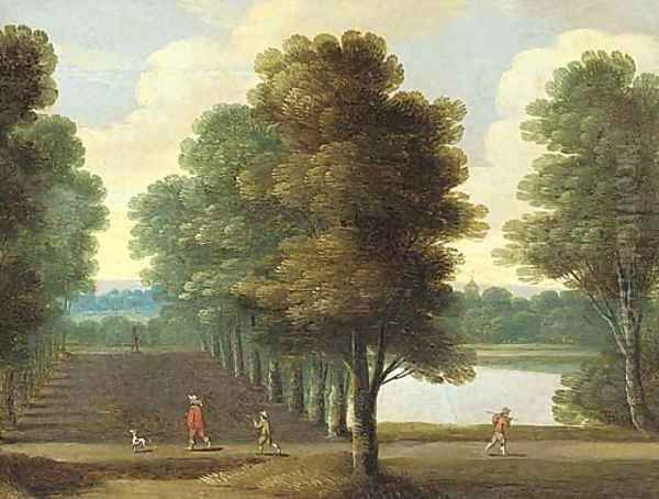 A wooded landscape with an elegant traveller in an avenue of trees by a lake Oil Painting by Isaac Van Oosten