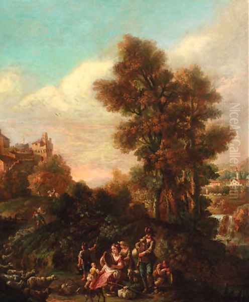 An Italianate landscape with shepherds making music by a river, a hilltop town beyond Oil Painting by Pietro Domenico Oliviero