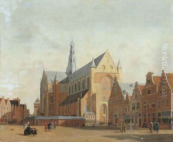 St. Bavo's Cathedral and the Groote Markt, Haarlem Oil Painting by Isaac Ouwater