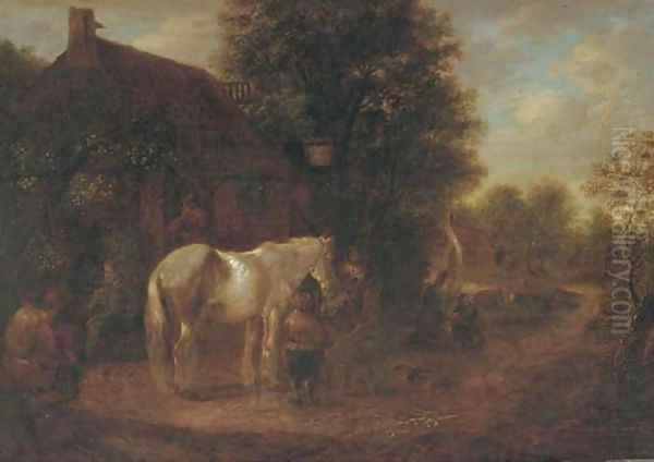 Peasants feeding a horse outside an inn Oil Painting by Isaack Jansz. van Ostade