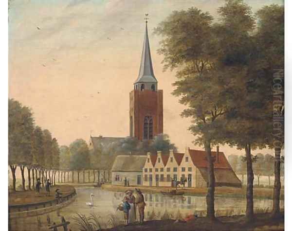 A canalside town with figures fishing and discoursing in the foreground Oil Painting by Isaak Ouwater