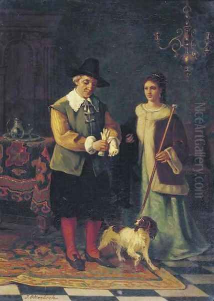 Taking the dog for a walk Oil Painting by Jacobus Hermanus Otterbeek