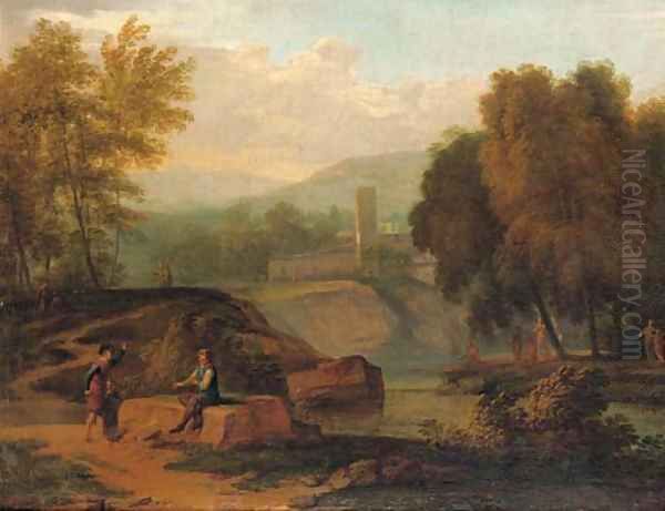 An Italianate landscape with figures conversing on the banks of a river, mountains beyond Oil Painting by Jan Frans Van Bloemen, Called Il Orrizonte