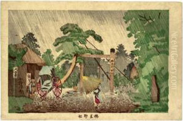 Four Prints: ````umewaka Jinjya' (umewaka Shrine) And Three Other Untitled Designs Oil Painting by Kobayashi Kiyochika