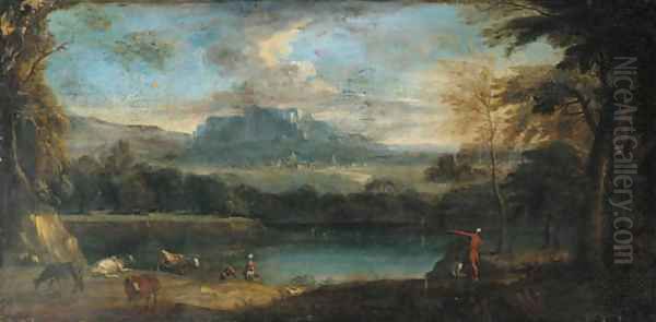 An extensive mountainous landscape with cattle by a pool Oil Painting by Jan Frans Van Bloemen, Called Il Orrizonte