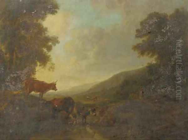 A landscape with shepherds and their cattle by a creek Oil Painting by Balthazar Paul Ommeganck