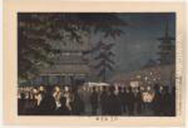 Asakusa Yomise (night Stalls In The Temple Precincts At Asakusa) Oil Painting by Kobayashi Kiyochika