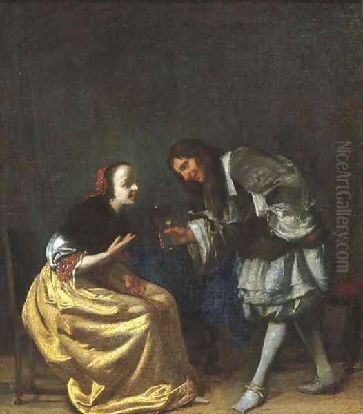 An officer offering a glass of wine to a lady seated by a table in an interior Oil Painting by Jacob Ochtervelt