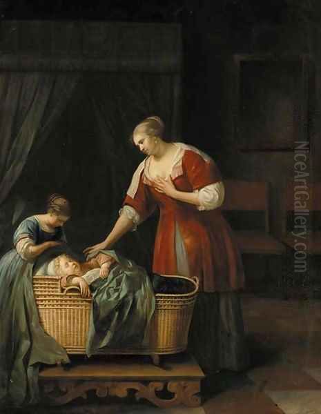 A mother watching over her sleeping baby, with her sister, in an interior Oil Painting by Jacob Ochtervelt