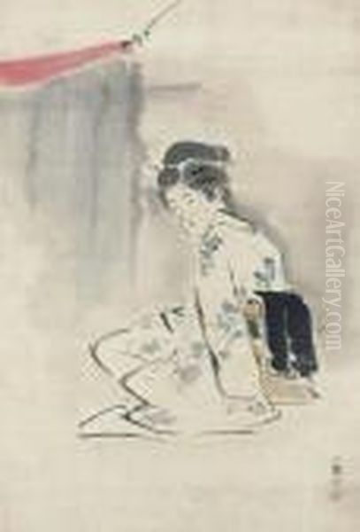 Woman Seated Next To Mosquito Net Oil Painting by Kobayashi Kiyochika