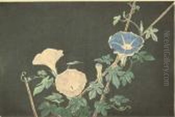 Morning Glories On Bamboo Stakes Oil Painting by Kobayashi Kiyochika