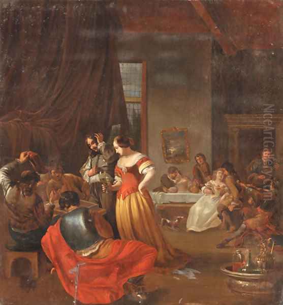 An interior with elegant figures playing backgammon and making merry Oil Painting by Jacob Ochtervelt