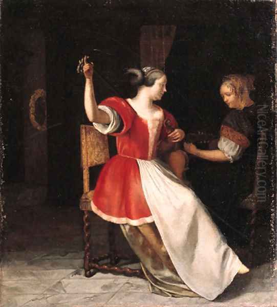 Women playing the lute and the violin in an interior Oil Painting by Jacob Ochtervelt