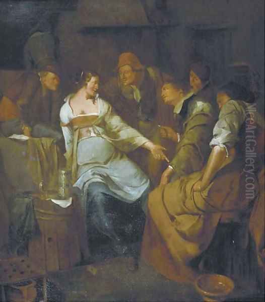 A young courtesan with other figures making merry in an inn Oil Painting by Jacob Van Ochtervelt